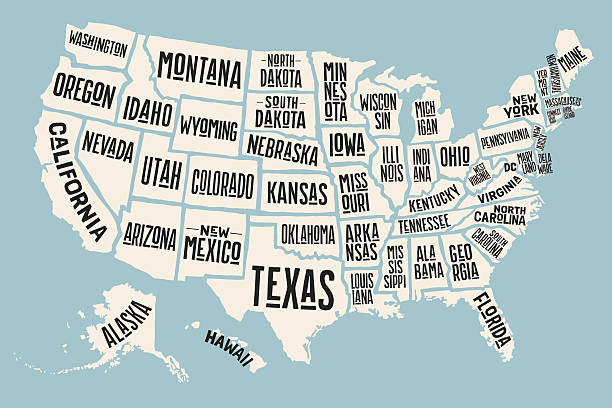 Poster map of United States of America with state names. Print map of USA for t-shirt, poster or geographic themes. Hand-drawn colorful map with states. Vector Illustration